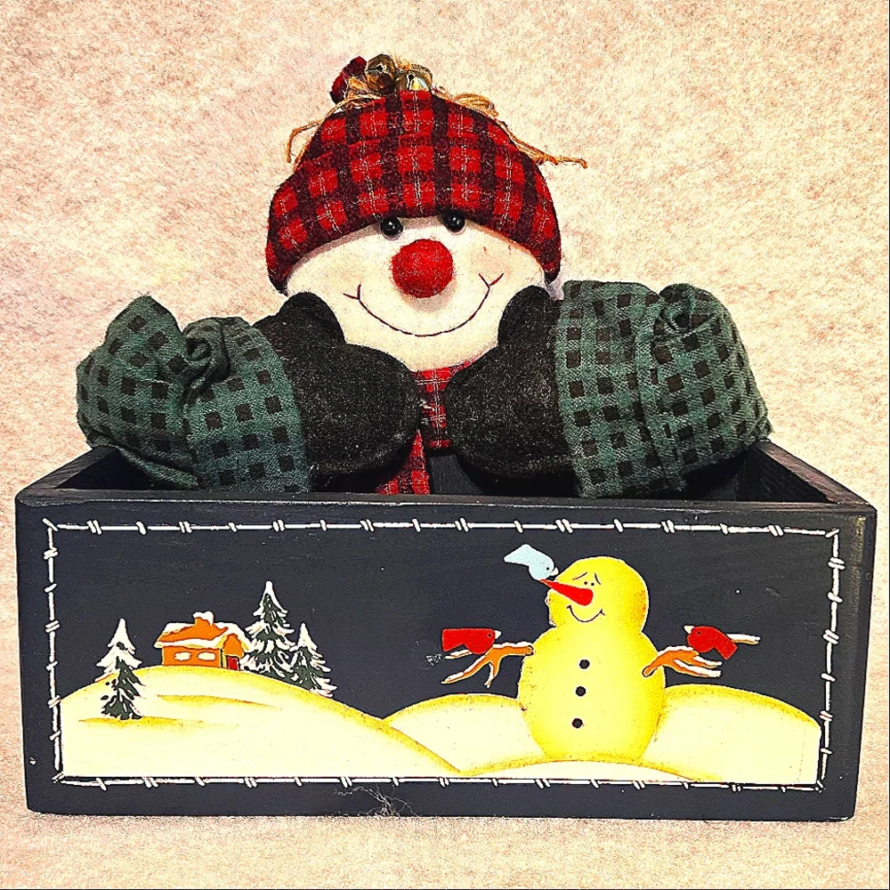 VTG 1996 Handpainted Wood Snowman Card Mail Holder Desk Organizer Winter Box